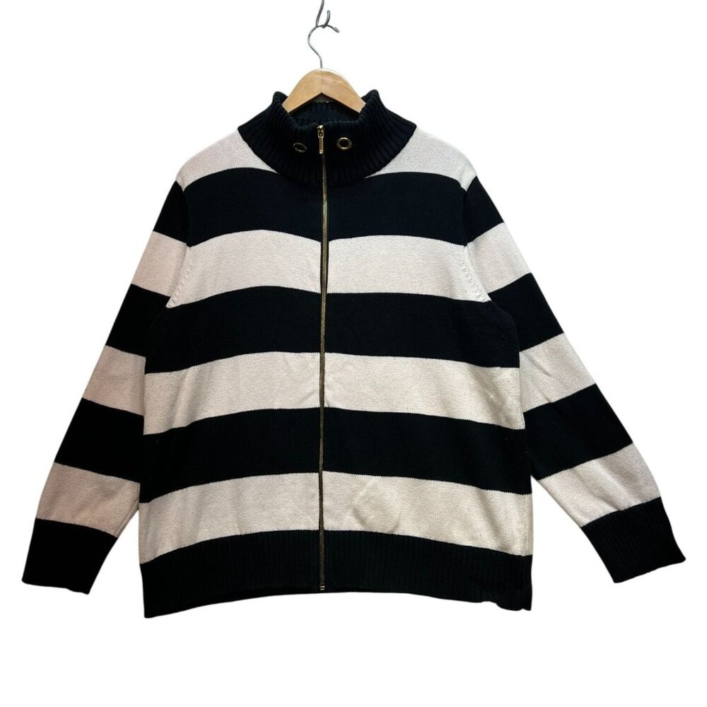 Chaps Womens Full Zip Sweater Size 3X Black White Striped Rib Knit Mock Neck Y2K